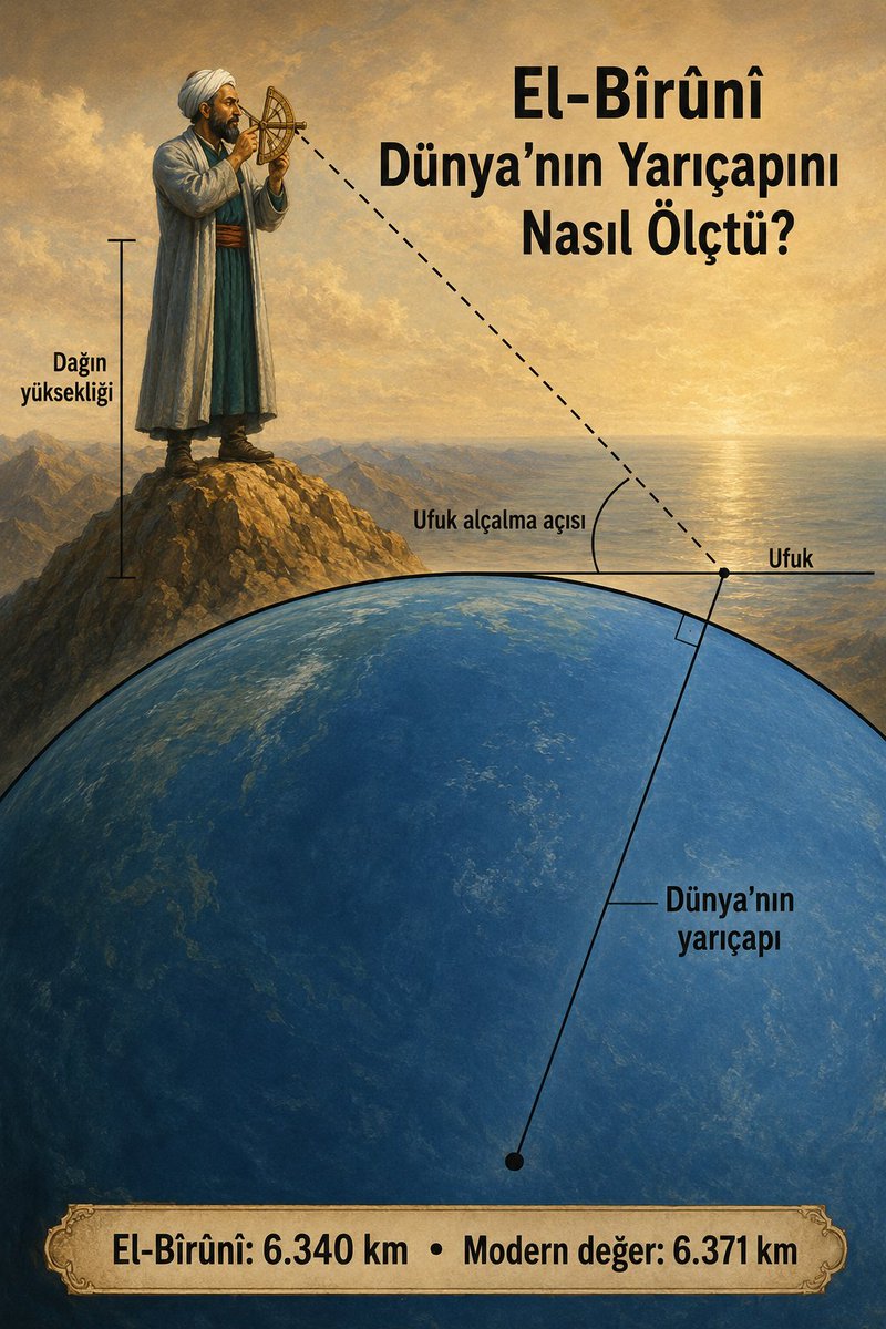 sevkiadem's tweet photo. 11. yüzyılda Müslüman âlim El-Bîrûnî, Dünya’nın yarıçapını 6.340 km olarak hesapladı. Modern değer: 6.371 km. Ne uydu vardı ne hesap makinesi… Yalnızca gözlem, akıl ve trigonometri!
 #Bilim #Science #İslam #IslamicScience https://t.co/DzcG6nc8EI