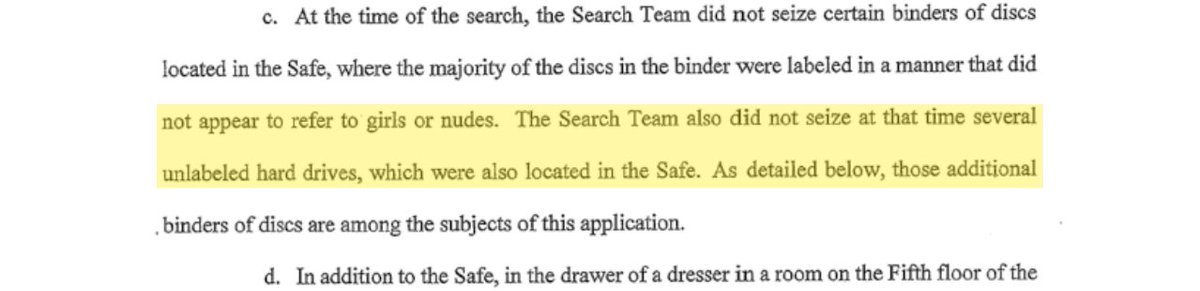 epsteinsearchin's tweet photo. Agents searched Jeffrey Epstein's New York residence, opened his safe, and left several unlabeled hard drives inside it.

They left binders of discs too. The labels did not appear to refer to girls or nudes.

Prosecutors had to seek another warrant to go back. https://t.co/J1Wnjk5Mwj