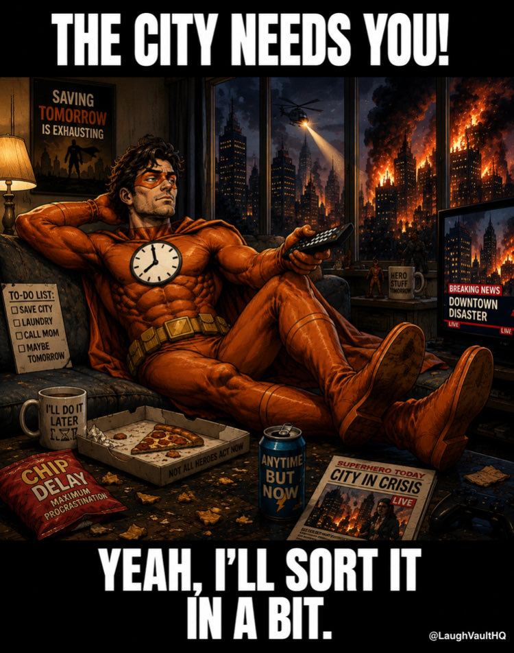LaughVaultHQ's tweet photo. The Procrastinator. The hero you can always rely on… eventually. 🤣🦸♂️
Coming to a timeline near you soon!
#WorstSuperheroes #TheProcrastinator https://t.co/MUkISMwT4G