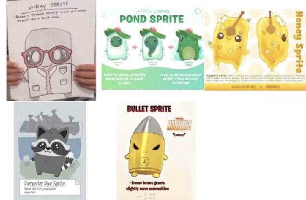 Evilkoala64's tweet photo. BREAKING🚨: The #Fortnite #DesignASprite challenge winners have now been chosen and will be introduced next season. There will be the 5 sprites shown in the image below; Bullet, Racoon, Honey, Pond and X-ray sprite all have amazing designs and uses. #announcement #cool #sprites https://t.co/dU8RZkJqqZ
