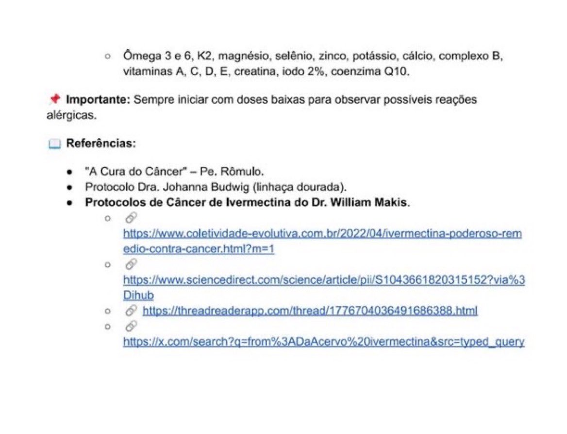 DaAcervo's tweet photo. Protocolo para uso da ivermectina em casos de câncer.

PS. PROCURE UM PROFISSIONAL DE SAÚDE PARA ACOMPANHAMENTO PERSONALIZADO https://t.co/SCOwPwIhQ9