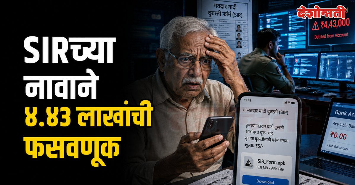 DESHONNATINEWS's tweet photo. SIRच्या नावाने पुण्यात सायबर फसवणूक; ज्येष्ठ नागरिकाला ४ लाख ४३ हजारांचा गंडा
https://t.co/dmbOZa0vAs
#SIR #Pune #CyberFraud #SIRScam #VoterList #CyberCrime #APKScam #PuneNews #MaharashtraNews #SeniorCitizenFraud https://t.co/fYwzItGp4I
