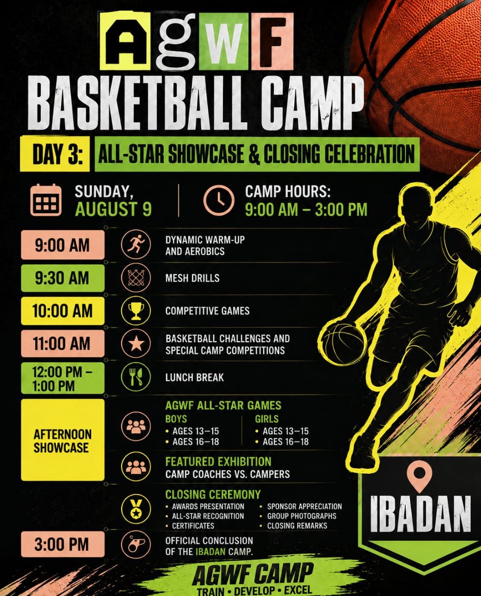 Ikio_Annabel's tweet photo. It all wraps up today in Ibadan! 🏀

All-Star Games, basketball challenges, Coaches vs Campers, awards, certificates &amp; special recognitions take center stage as we celebrate an amazing camp.

📍 Ibadan | 🕘 9AM–3PM 

#AGWFBasketballCamp #AGWF10 #AlFarouqAminu https://t.co/IcSi2N1xaJ