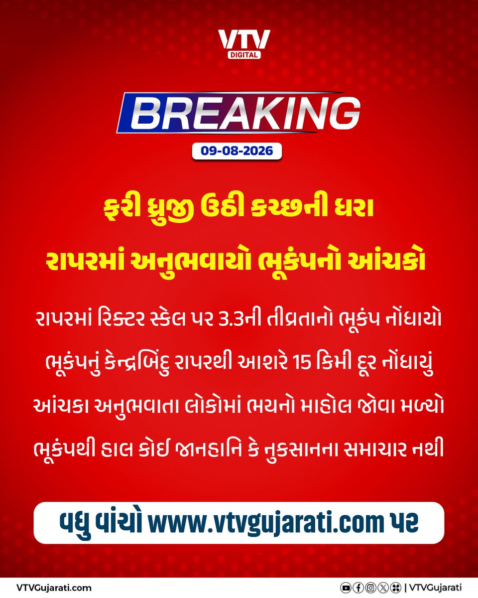 VtvGujarati's tweet photo. ફરી ધ્રુજી ઉઠી કચ્છની ધરા
રાપરમાં અનુભવાયો ભૂકંપનો આંચકો
રાપરમાં રિક્ટર સ્કેલ પર 3.3ની તીવ્રતાનો ભૂકંપ નોંધાયો
ભૂકંપનું કેન્દ્રબિંદુ રાપરથી આશરે 15 કિમી દૂર નોંધાયું
આંચકા અનુભવાતા લોકોમાં ભયનો માહોલ જોવા મળ્યો
ભૂકંપથી હાલ કોઈ જાનહાનિ કે નુકસાનના સમાચાર નથી
#Kutch #Rapar #Earthquake #GujaratEarthquake #VTVDigital