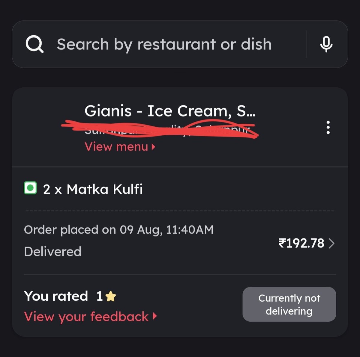 19ayush96's tweet photo. @zomatocare @zomato is your support just limited to words now? I ordered matka kulfi fron Giani's, and I recieved Malai Kulfi, both items have price difference but you cannot do anything about that either, you don't care about customer experience anymore, you just want our money. https://t.co/qSyIV38Jsg