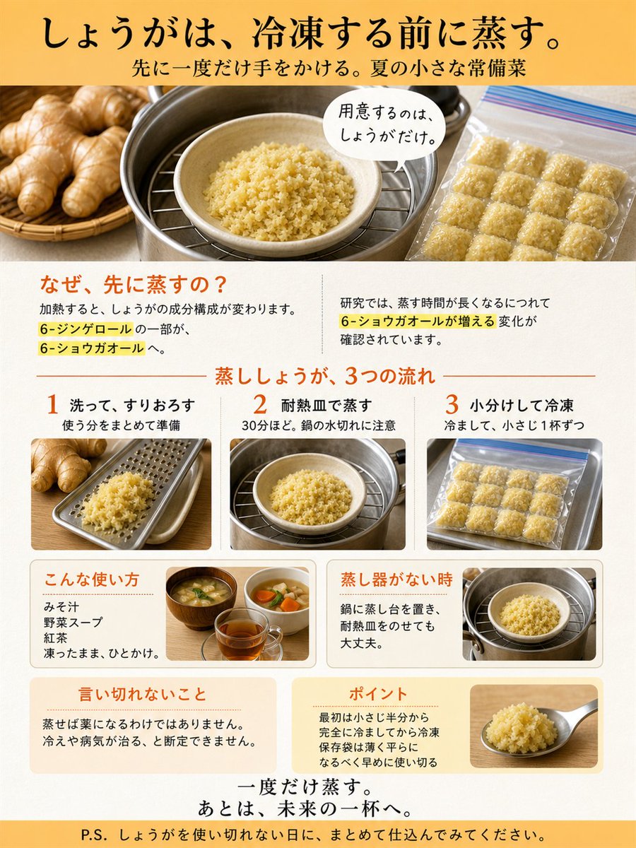 odaherbs's tweet photo. しょうがは、  
生のまま冷凍しません。

先に、蒸します。

すりおろしたしょうがを  
耐熱皿へ薄く広げる。

蒸し器に入れ、  
30分ほど蒸す。

冷めたら、  
小さじ1杯ずつ冷凍します。

これだけで、  
みそ汁やスープへ  
凍ったまま使える、

「蒸ししょうが」の  
小さな常備菜になります。

なぜ、先に蒸すのか。

しょうがの辛味成分  
「6-ジンゲロール」は、

加熱によって一部が  
「6-ショウガオール」へ変わります。

研究では、  
しょうがを5〜60分蒸したところ、

蒸す時間が長くなるにつれて  
6-ジンゲロールが減少し、

6-ショウガオールが  
増える変化が確認されています。

ただし――

蒸せば薬になる、  
という話ではありません。

冷えが治るとも、  
免疫力が上がるとも  
言い切れません。

変わるのは、  
しょうがの成分構成。

そして暮らしでは、  
毎回すりおろす手間が減ります。

使う時は、ひとかけ。

みそ汁へ。  
紅茶へ。  
野菜スープへ。

入れすぎると  
辛味が強くなるので、

最初は小さじ半分ほどから  
試してください。

冷凍する時は、  
保存袋へ薄く広げても大丈夫。

箸で筋をつけておくと、  
必要な分だけ折って使えます。

生のしょうがを、  
使い切れずにしなびさせない。

先に蒸し、  
未来の一杯へ預けておく。

一度だけ手をかけて、  
あとは少しずつ使う。

そんな台所仕事なら、  
夏にも続けやすくなります。

P.S. 蒸し器の水切れに注意し、冷ました後は早めに冷凍してください。