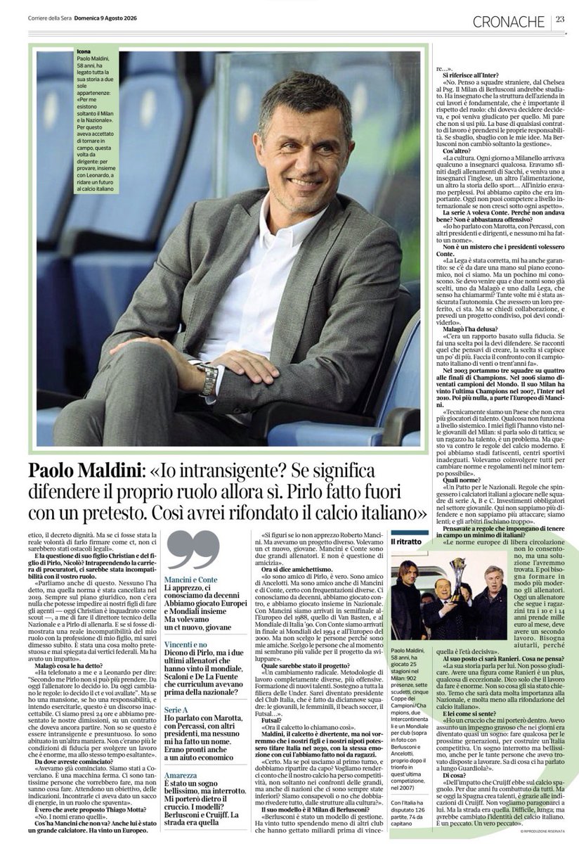 davide_capano's tweet photo. L’intervista di Aldo Cazzullo a Paolo #Maldini sulle pagine del Corriere della Sera di oggi 👇🏻

#Italia #Milan #Nazionale https://t.co/jjmRefcvgd