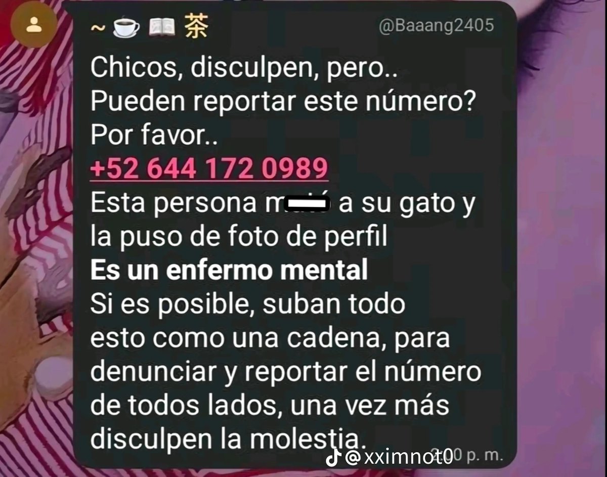 lyn54xob's tweet photo. Encontré en tiktok el número y el caso de un maldito enfermo el cual m4t0 a un gato y le hizo cosas horribles y las tiene en su ft de perfil donde está el gato mu3R70 y un chico contacto con el y este respondio que la próxima vez sería con su perro este enfermo sigue en su casa https://t.co/uBau6iLtGs