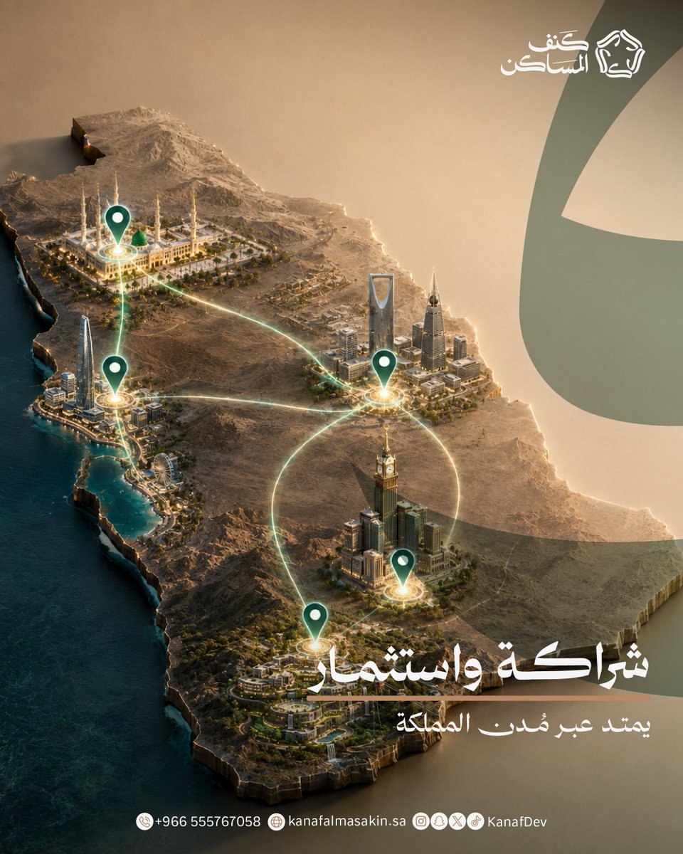 kanafDev's tweet photo. الفرص العقارية الناجحة ما تتحدد بمدينة واحدة عشان كذا في كنف المساكن، نطاق شراكتنا وتطويرنا للأراضي يتوسع باستمرار في أكثر المراكز الاقتصادية نشاطاً وحركة في المملكة  سواء كانت أرضك في الرياض، جدة، مكة المكرمة، المدينة المنورة، أو أبها، نحولها معك إلى مشروع تطويري ذو قيمة عالية وعائد استثماري مجزٍ.
وين ما كانت أرضك في هذه المدن، تواصل مع فريق كنف اليوم وابدأ معنا أولى خطوات الشراكة.