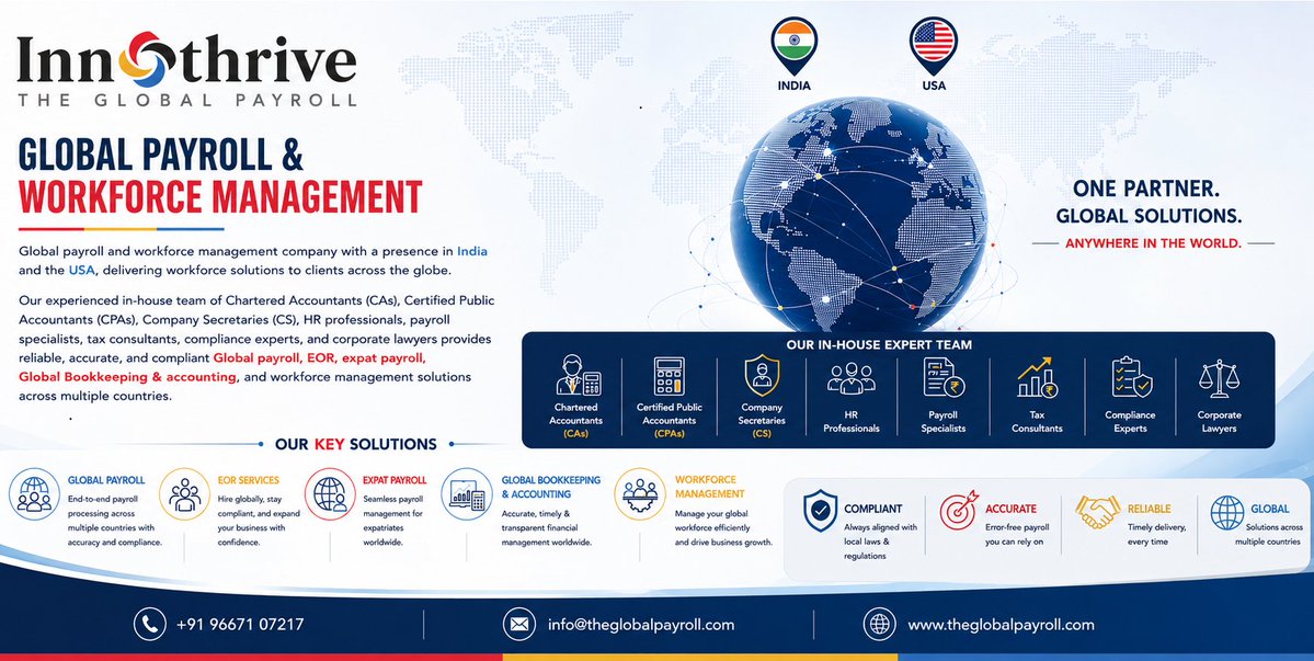 The_Global_Pay's tweet photo. 🌍 Innothrive -  One Partner. Global Payroll.

Our key solutions:

✅ Global Payroll Management
✅ Employer of Record (EOR)
✅ Expat Payroll
✅ Global Bookkeeping &amp; Accounting
✅ Local Compliance

📞 +91 96671 07217
📧 info@theglobalpayroll.com
🌐 https://t.co/vQ73mp0IfK https://t.co/eRsDoCAqfz