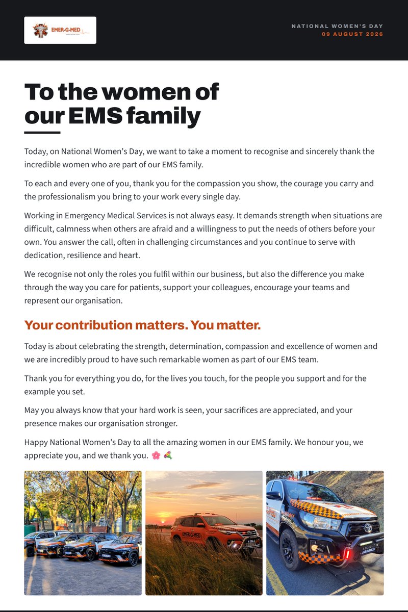 EMER_G_MED's tweet photo. Happy National Women's Day to the incredible women of our EMS family 💐 Your compassion, courage &amp; professionalism don't go unnoticed. Your contribution matters. You matter. 🌸 #NationalWomensDay #EmerGMed #WomenInEMS https://t.co/JvgtiBT39V