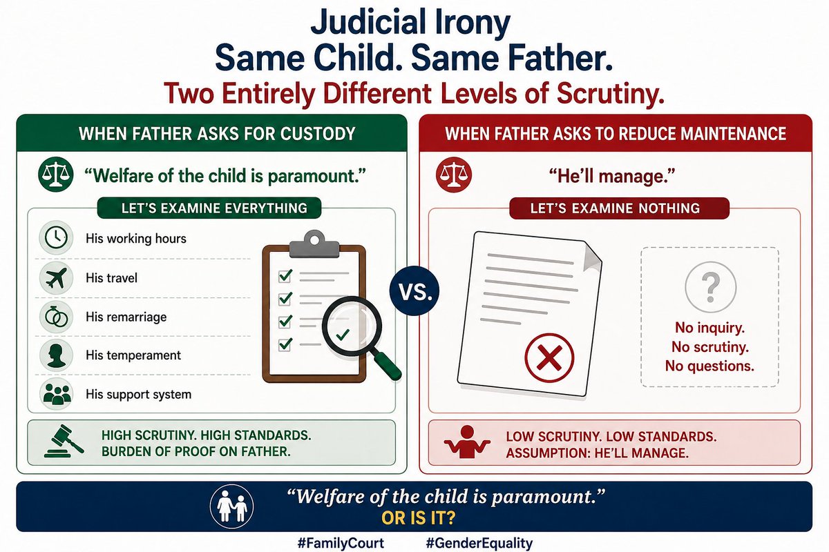 Sure4Justice's tweet photo. "Welfare of the child is paramount."

Father asks for custody: let's examine his working hours, his travel, his remarriage, his temperament, his support system.

Father asks to reduce maintenance: let's examine nothing. He'll manage.

Same child. Same father. Two entirely different levels of scrutiny.
#FamilyCourt #GenderEquality