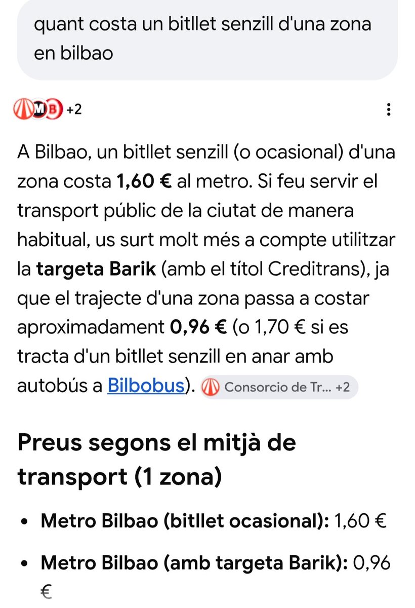 jm_clavero's tweet photo. Comparació costos del billet senzill de transport públic d'una zona o similar a quatre ciutats 
Madrid, 1,50 €
Bilbao, 1,60 €
Zaragoza, 1,70 € (nocturn, 1€)
Barcelona, 2,90 €

Que cadascú tregui les seves conclusions https://t.co/HuxPKV6VMr