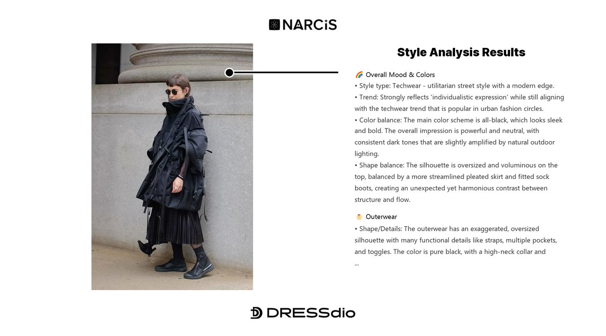 dressdio_global's tweet photo. Style isn't just clothes — it's data.
NARCIS finally makes it visible and clear 🔍
Analyze your fashion today.
#NARCIS #StyleAnalysis #FashionTech #OOTD #AIStyling https://t.co/cvTxxk5P5Z