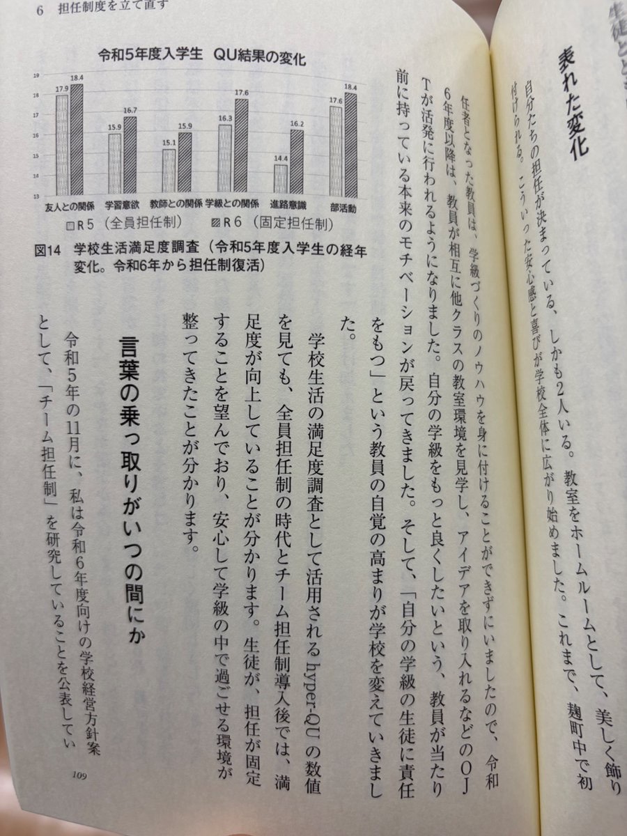 Darwinian204's tweet photo. 工藤勇一氏の学校改革の余波が思ったよりヤバかった。彼は千代田区立麹町中学校の校長(2014-2020)を務め、宿題や定期テスト、固定担任制の廃止などをしたわけだが、その次の次の校長が書籍(堀越勉,2026)を出版した。

思った以上にヤバかったので、以下にまとめた。一言でいえば、教員、生徒、保護者など登場人物すべてが生徒主体という言葉に飲まれている。教員は生徒主体の名のもとに指導を放棄し、生徒はそれを盾に好き放題やる。保護者はそれに惹かれて通わせるが、成長どころか学力が低下してしまった。

〇環境の悪化
【校舎】
・校舎内や体育館を土足で歩き、それで授業を受ける生徒の常態化
・力の強い生徒が下足箱を独占したり、弱い生徒の下駄箱にゴミが入っている
・ブラインドや椅子、ピアノなどの破壊行為

【学習環境】
・チャイム前に着席をする習慣がない
・授業時間の90%以上を自由進度学習に充てて放置したり、床に寝る、スマホゲームしている生徒を注意しない。なんなら、各階に授業を放棄して遊べる「ゲーム部屋」がある。

〇学校行事
【始業式】
・式中にサイダーを飲み、お菓子を食べながら参加している生徒に対して、誰も指導をしない。
・服装は帽子を被ったり、肌を過度に露出させたり、アクセやカラコンをつけたり、ヘアカラーも赤、金などの生徒がいる。

【文化祭】
・首が切られた血みどろの作品や成人向け漫画の性的描写を切り取った作品が展示
・特別支援学級の演技にマイクを奪ってわいせつな言葉を投げつけたり、サイリュームの液体を取り出し立場の弱い生徒の背中にかけたり、トイレに撒き散らかす行為があった。

【避難訓練】
・避難訓練後の教師による指導・講評がなく、生徒代表が実施。しかし、東京都発行の安全教育プログラムや学校保健安全法などでは教員による指導が暗黙の前提となっている。

〇その他
【全員担任制】
・学級担当が短期間でローテーションを繰り返すため、生徒の観察が浅くなったり、生徒指導案件の報告が遅れたりするなどの責任回避が生じた。一方で、生徒側が学級担任と関係性が築けず、相談しにくくなった。

【委員会人数の撤廃】
・委員会の定員を廃止した結果、クラスから人気の委員会(体育・保健)に10人選出されたり、給食委員会が不在のケースもあった。

出典：堀越勉(2026)『荒廃した学校を立て直す　再建を託された校長の2年半の記録』