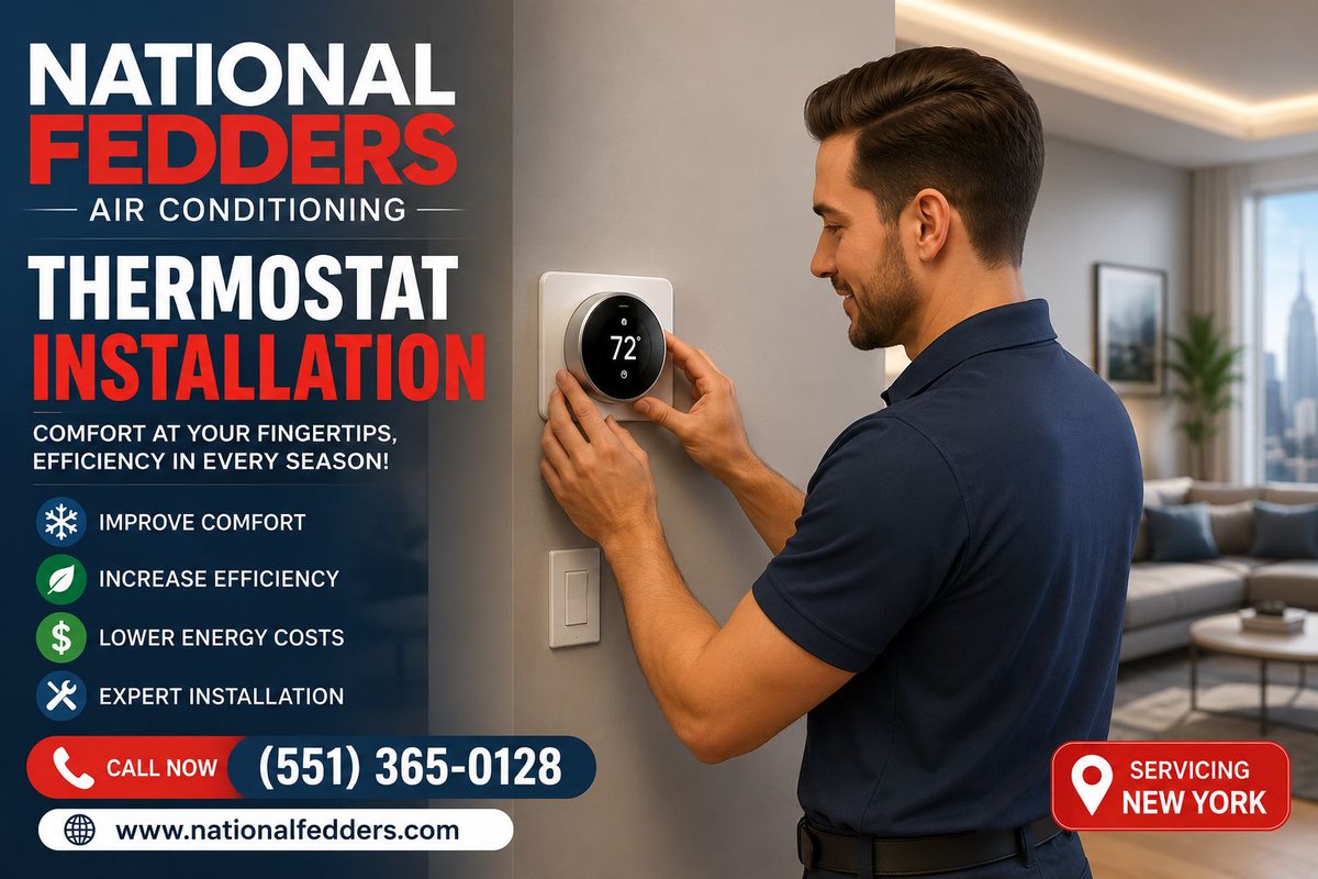 air_fedders's tweet photo. Set the temperature. Upgrade the comfort. Cut the waste. ❄️🔥 Smart thermostat installation that puts perfect climate control at your fingertips. Your comfort deserves an upgrade. 🏠⚡ #SmartComfort #HVAC #EnergySavings #NewYork https://t.co/0pmyqej6JC