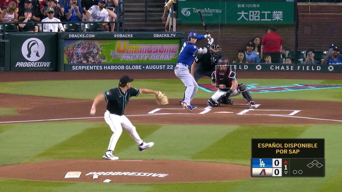 rdrisms's tweet photo. The Umamusume-Dodgers Ohtani deja vu:

Ohtani led off in both "uma innings." (ad was shown for 1 inning per game) Both times he ground out directly to the first baseman on inside RHP fastballs thrown at about 94 mph on 0-0 counts

Some are asking, does uma debuff Ohtani's powers? https://t.co/mce4FJz7OH