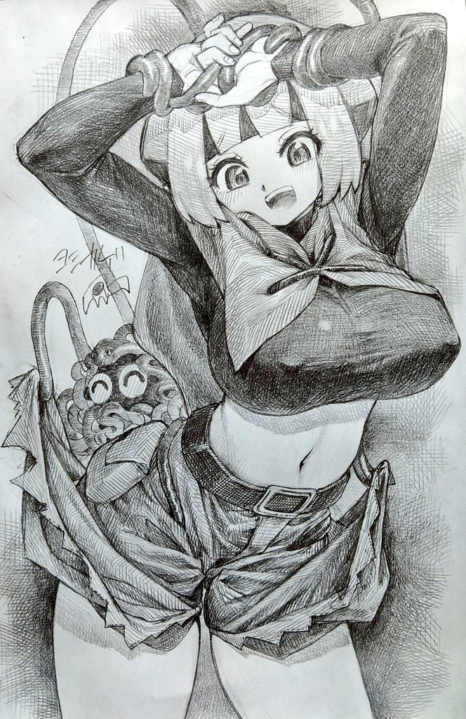Yo4kage's tweet photo. アナログの場合角度をつけて同作品を撮るというのも有効とのご意見を賜りました。特に鉛筆やシャーペンの場合は炭素部分に光沢が帯びたりするので実物の雰囲気がありありとするのかなと。
絵はモンジャラと触れ合う可愛いナタネさんです。 https://t.co/RPgJcHQ03N