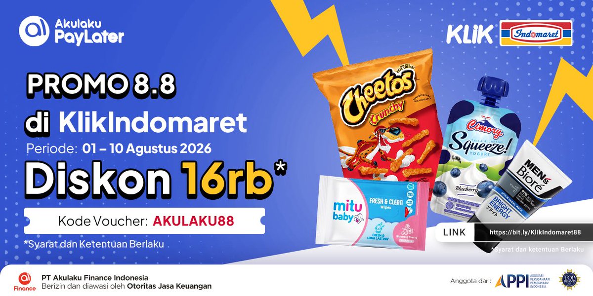 akulakuID's tweet photo. 8.8 makin seru, belanja makin hemat! ⚡

Mau stok camilan, kebutuhan harian, sampai personal care? Gas checkout di KlikIndomaret! 🛒

Dapatkan DISKON 16RB bayar pakai Akulaku PayLater👉 https://t.co/TpQAFyiIki

#AkulakuPayLater #AkulakuFinance #BisaSekarangBukanNanti #KlikIndomaret
