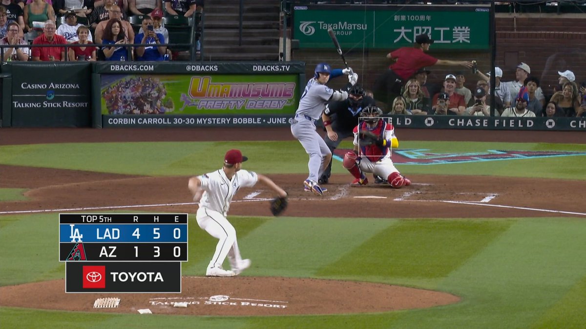 rdrisms's tweet photo. The Umamusume-Dodgers Ohtani deja vu:

Ohtani led off in both "uma innings." (ad was shown for 1 inning per game) Both times he ground out directly to the first baseman on inside RHP fastballs thrown at about 94 mph on 0-0 counts

Some are asking, does uma debuff Ohtani's powers? https://t.co/mce4FJz7OH