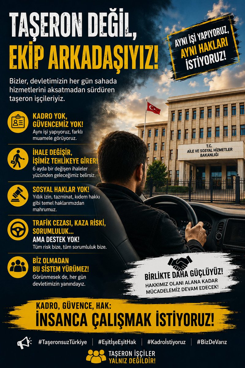 alican08341's tweet photo. TAŞERON ŞOFÖRLER BURADA!

Bakanlıklarda yıllardır devletimizin hizmetini taşıyoruz.
Makamına, personeline, vatandaşına güvenle ulaştırıyoruz.

Aynı direksiyon başında, aynı sorumlulukla, aynı risklerle görev yapıyoruz.
Ancak şirket değişiyor, ihale değişiyor, bizim geleceğimiz belirsizleşiyor.

Biz sadece araç kullanmıyoruz;
devlet hizmetinin sahadaki yükünü taşıyoruz.

Yıllardır emeğiyle çalışan taşeron şoförler olarak artık görülmek, duyulmak ve kadro ile güvence altına alınmak istiyoruz.

Biz ayrıcalık istemiyoruz.
Emeğimizin karşılığı olan hakkımızı istiyoruz.

@MahinurOzdemir @AKPartiTBMMGrup @MHP_Bilgi @anahtarparti @herkesicinCHP