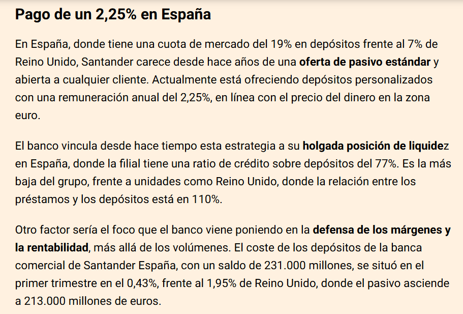 PabloGrueso's tweet photo. El Santander está pagando un 8% por el ahorro en UK, mientras que en España ofrecen el 2,25%.
 
La clave: que en España sobra ahorro para la cantidad de crédito que se concede. https://t.co/vidWMzkzpM