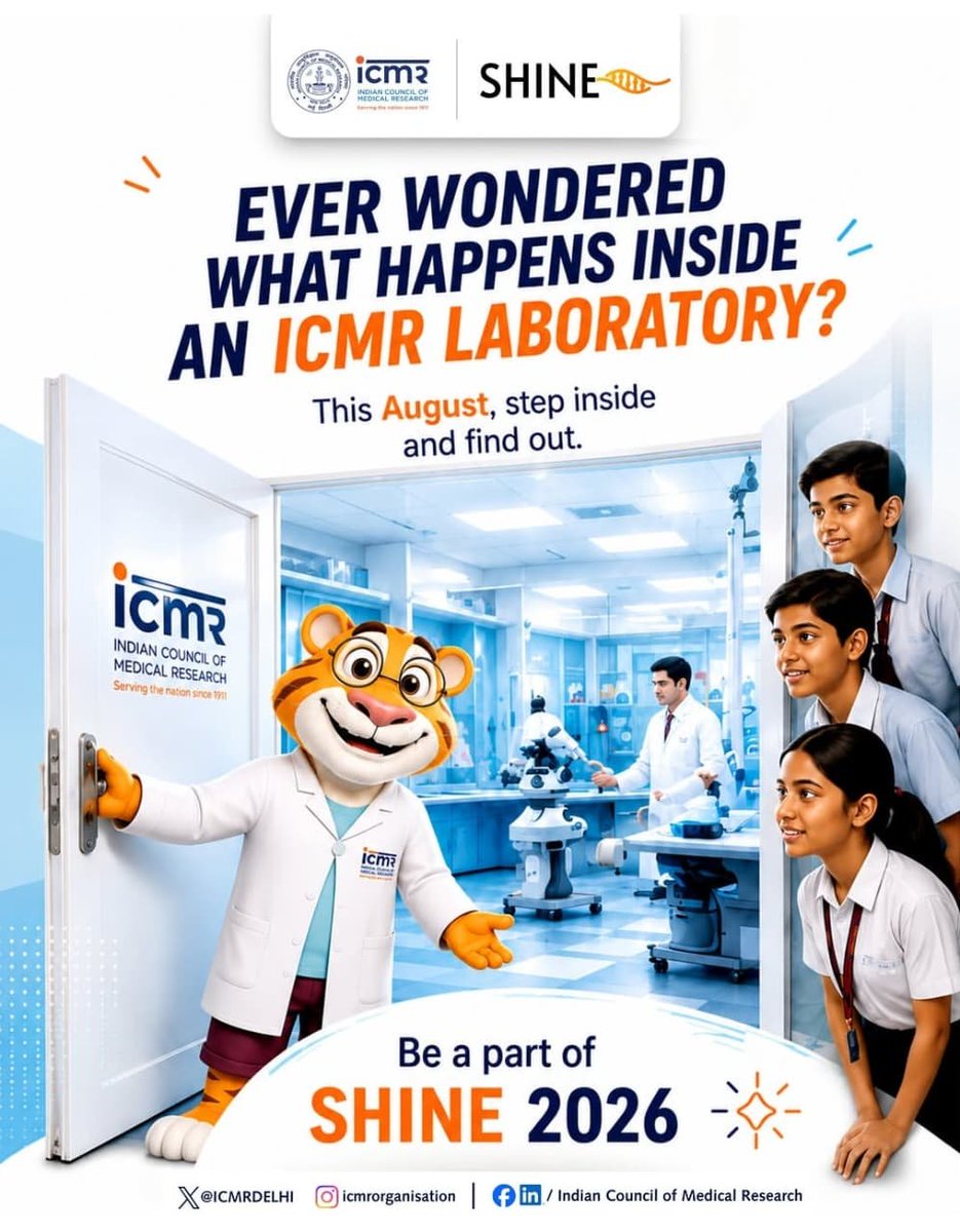 nirehbhopal's tweet photo. As part of the nationwide Indian Council of Medical Research (ICMR) initiative, we are proud to host SHINE 2026 (Science & Health Innovation for the NextGen Explorers) on August 11–12, 2026
#ICMRSHINE2026 #OneDayAsAScientist
#medicalresearch
#NextGenInnovators
#ICMRDelhi https://t.co/cVd5ZwqjgP