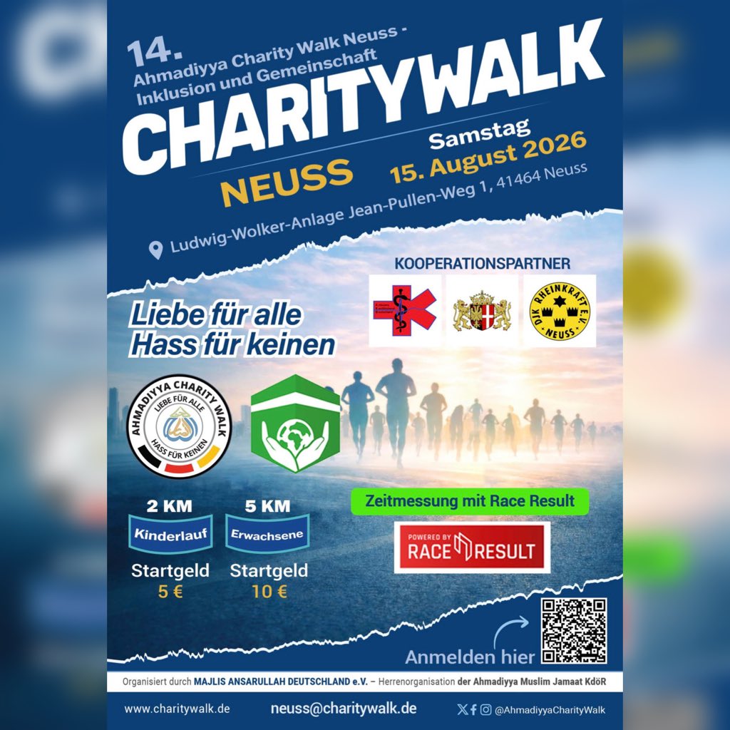 ahmadiyyacw's tweet photo. Sei dabei beim 14. Ahmadiyya Charity Walk Neuss, organisiert von der @ansarullahDe, der Herrenorganisation der @AhmadiyyaDE – am Samstag, den 15. August 2026, in Neuss.
Anmeldung unter: https://t.co/unxD0gPcdl

#AhmadiyyaCharityWalk https://t.co/ErFuDB34e8