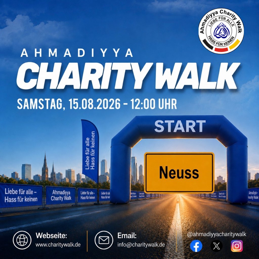 ahmadiyyacw's tweet photo. Sei dabei beim 14. Ahmadiyya Charity Walk Neuss, organisiert von der @ansarullahDe, der Herrenorganisation der @AhmadiyyaDE – am Samstag, den 15. August 2026, in Neuss.
Anmeldung unter: https://t.co/unxD0gPcdl

#AhmadiyyaCharityWalk https://t.co/ErFuDB34e8