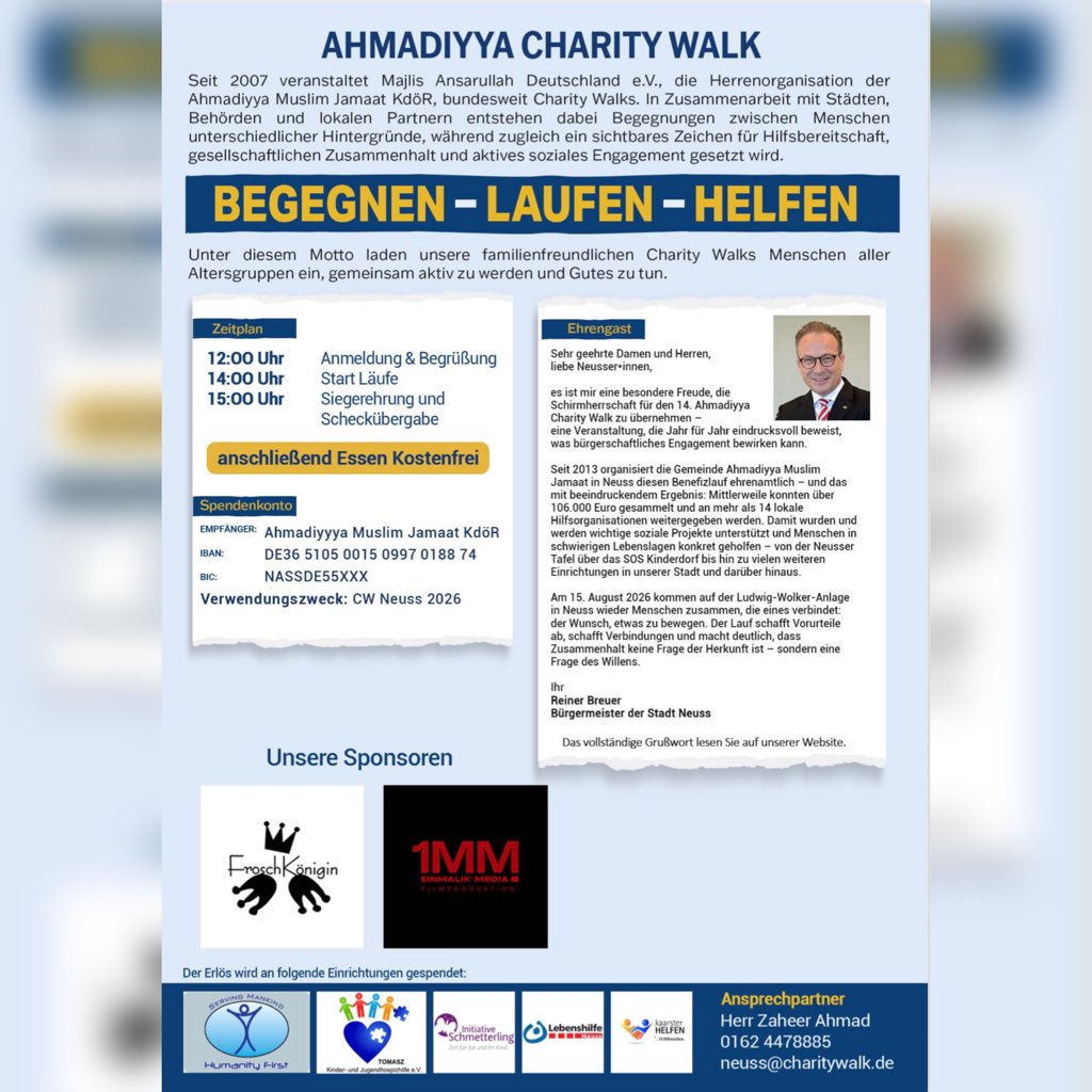 ahmadiyyacw's tweet photo. Sei dabei beim 14. Ahmadiyya Charity Walk Neuss, organisiert von der @ansarullahDe, der Herrenorganisation der @AhmadiyyaDE – am Samstag, den 15. August 2026, in Neuss.
Anmeldung unter: https://t.co/unxD0gPcdl

#AhmadiyyaCharityWalk https://t.co/ErFuDB34e8