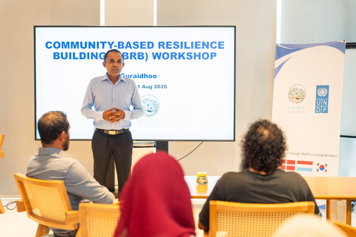 NDMAmv's tweet photo. NDMA, with support from UNDP Maldives, is conducting a workshop in K. Guraidhoo from 9–13 August 2026 to develop the island’s Disaster Management Plan and conduct a Community Emergency Response Team (CERT) Induction Workshop, marking the first pilot implementation of the revised Community-Based Resilience Building (CBRB) Framework.