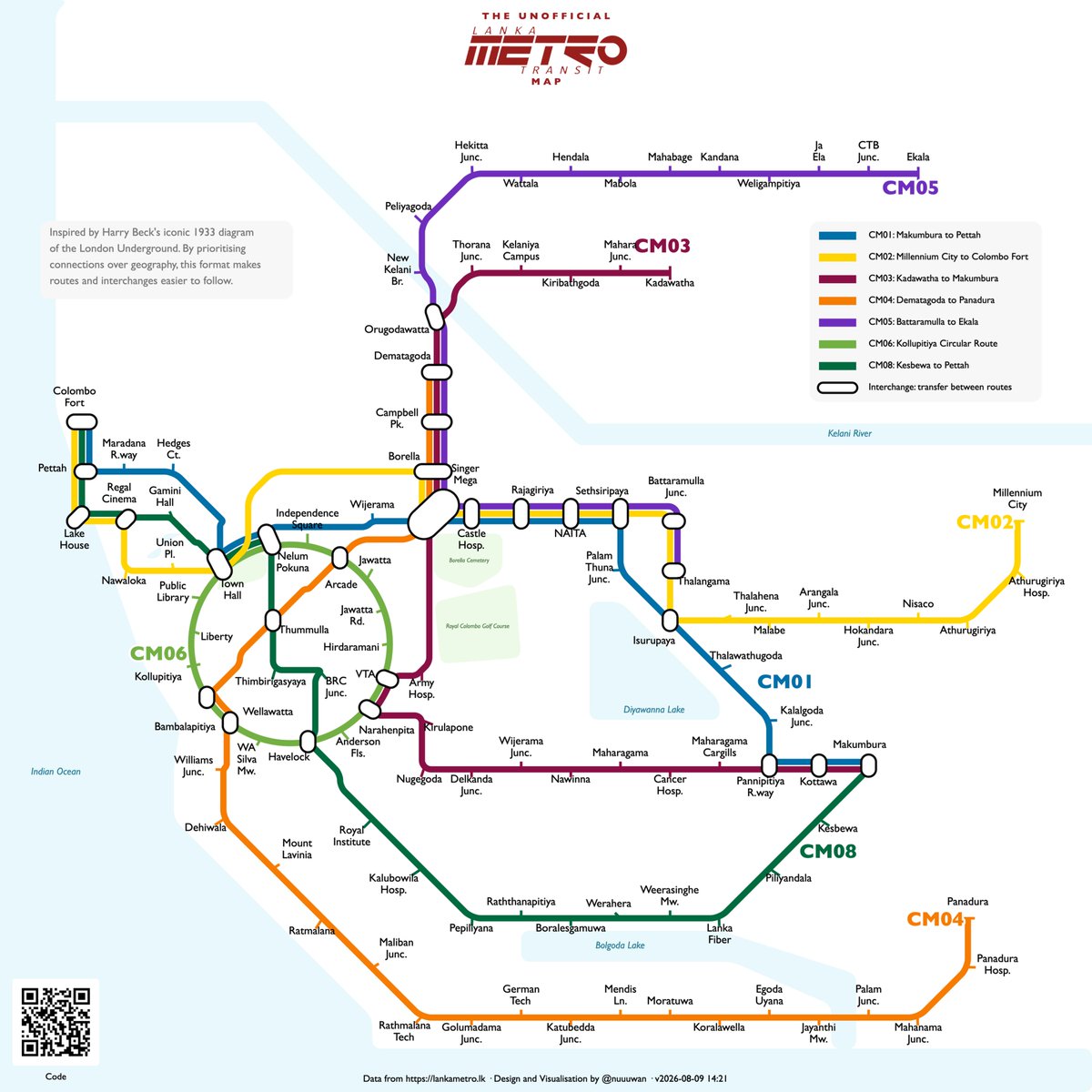 nuuuwan's tweet photo. UPDATED "Unofficial" #LankaMetro Map 🇱🇰

🆕 One thing I regretted about previous versions of "the map" was that the "#Kollupitiya Circular Route" wasn't represented by an actual circle. 

So I spent this weekend trying to make the maths work. The result is attached. 

🆕 I've also added a few "features" based on your feedback. Please keep reporting bugs & sharing ideas for improvement. 🙏
...

English: https://t.co/WnjrdtvzQx

සිංහල: https://t.co/hUN3zJtjtO

தமிழ்: https://t.co/FafYrBFavi

💻 @Github Repo: https://t.co/RE3ChK4HoE