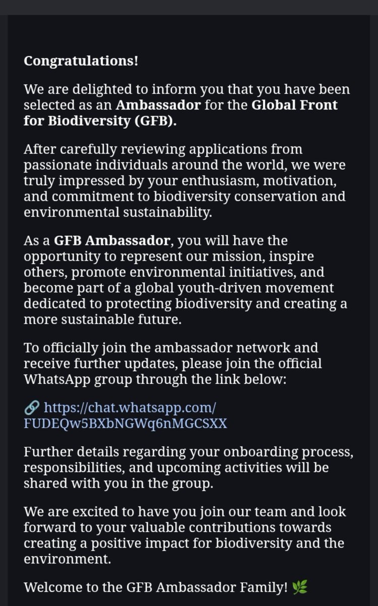 Usman69158's tweet photo. Excited to share that I’ve been selected as an Ambassador for @GFBiodiversity.
Looking forward to promoting biodiversity conservation and sustainable environmental change.
Grateful for this opportunity and excited for the journey ahead!
#GFB #Biodiversity #Sustainability #Youth https://t.co/ezSDTqabCw