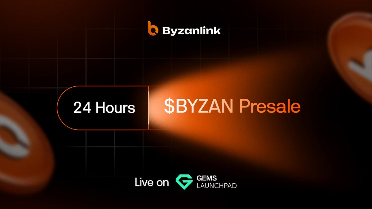Gems_Launchpad's tweet photo. ⏳ Final 24 Hours to Join the $BYZAN Presale
The countdown is on. 

The @byzanlink Private Sale closes tomorrow, 10 August at 9:00 AM UTC on @Gems_Launchpad.

👉 Join now:  https://t.co/UL3W9IilfU https://t.co/NVkiU1vp5Q