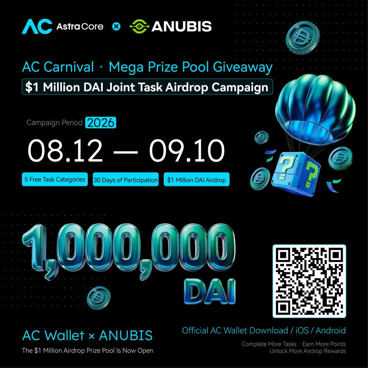 AstraCoreGlobal's tweet photo. 🎉 AstraCore × AnubisChain | AC Carnival · Mega Prize Pool Giveaway

🔥 The $1 Million DAI Joint Task Airdrop Campaign is about to begin!

From August 12 to September 10, join 30 days of ecosystem participation through 5 free task categories. Download AC Wallet and complete newcomer, asset, Anubis on-chain interaction, referral, and daily check-in tasks to continuously earn airdrop points.

💰 1,000,000 DAI Airdrop Prize Pool
🎯 5 Free Task Categories
📅 30 Days of Participation
🚀 Complete More Tasks · Earn More Points · Unlock More Airdrop Rewards

Every task and every participation adds to your share of the $1 million DAI prize pool.

AC Wallet × ANUBIS
🔥 The $1 Million Airdrop Prize Pool Is Opening to Users Worldwide!

📲 Official AC Wallet Download | iOS / Android
https://t.co/F41nW4rIEM

AstraCore | Make Assets More Valuable
Asset In, Value Out.

#AstraCore #AnubisChain #ACCarnival #Airdrop #Web3 #AGI