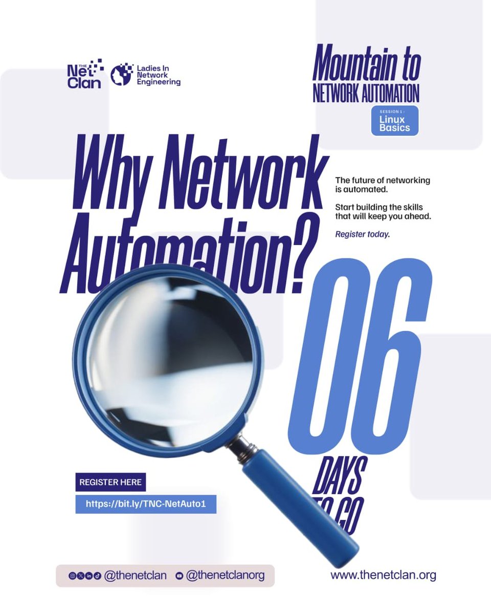 thenetclan's tweet photo. 🏔️ DAY 6: Why Network Automation?

Less repetition. Fewer errors. More time to solve bigger problems.

The climb to Network Automation starts with the right foundation. 🐧

📅 Aug 15 | 5PM WAT
🎙️ Verlaine Muhungu

🎟️ https://t.co/6kwi0u67fN

#MountainToNetworkAutomation #NetworkAutomation #NetClan #Linux