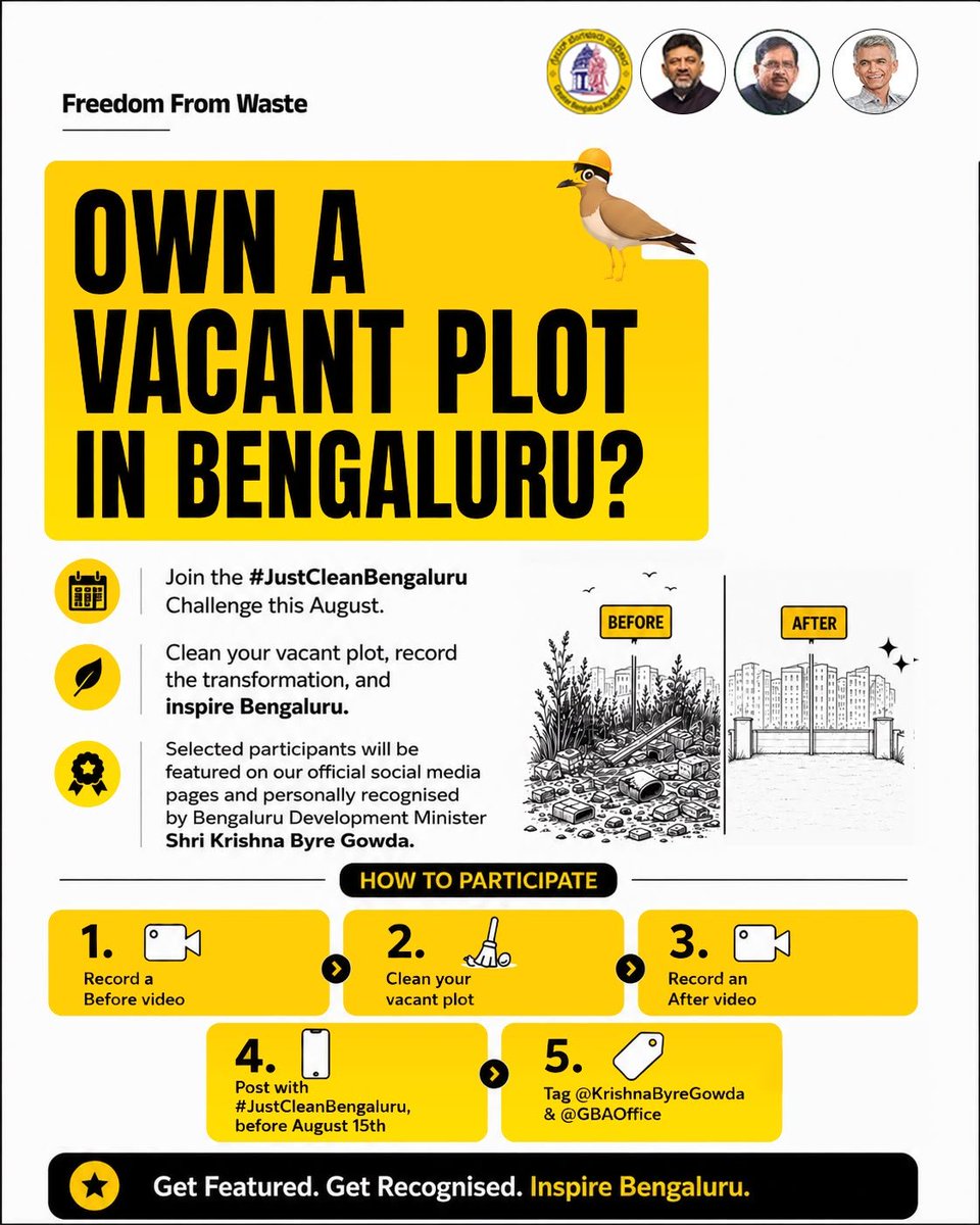 krishnabgowda's tweet photo. Own a vacant plot in Bengaluru? This is your chance to make a real difference.

Take the #JustCleanBengaluru Challenge this August. Clean your vacant plot, record the transformation, and inspire others to do the same. Selected participants will be featured on our official social media pages and personally recognised by the Ministry.
#FreedomFromWaste