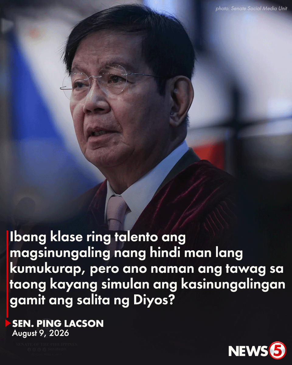 News5PH's tweet photo. 'ONLY A DEVIL INCARNATE MAY BE CAPABLE DOING [THAT]'   

Bilib daw si Sen. Ping Lacson sa mga aniya'y lantaran o tila sanay na kung magsinungaling.   

Binatikos din ng senador ang mga indibiduwal na gumagamit ng salita ng Diyos para sa kasinungalingan.   

Tinawag pa niyang "devil incarnate" ang mga ganitong uri ng tao.
