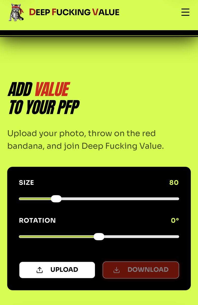 DFVonRobinHood's tweet photo. 🔥 DEEP FUCKING VALUE $DFV GIVEAWAY 🔥

2 winners taking home $100 & $50 💰

To enter: 
1️⃣ Follow this account
2️⃣ Like + Repost this tweet
3️⃣ Tag 2 friends
4️⃣ Generate your red bandana PFP art 👉 https://t.co/GCy6SzC6OM
5️⃣ Drop your new PFP in the comments

Add deep fucking value to your PFP and join the movement 🐱🔴

Winners chosen in 72 hours. Let’s fucking go.