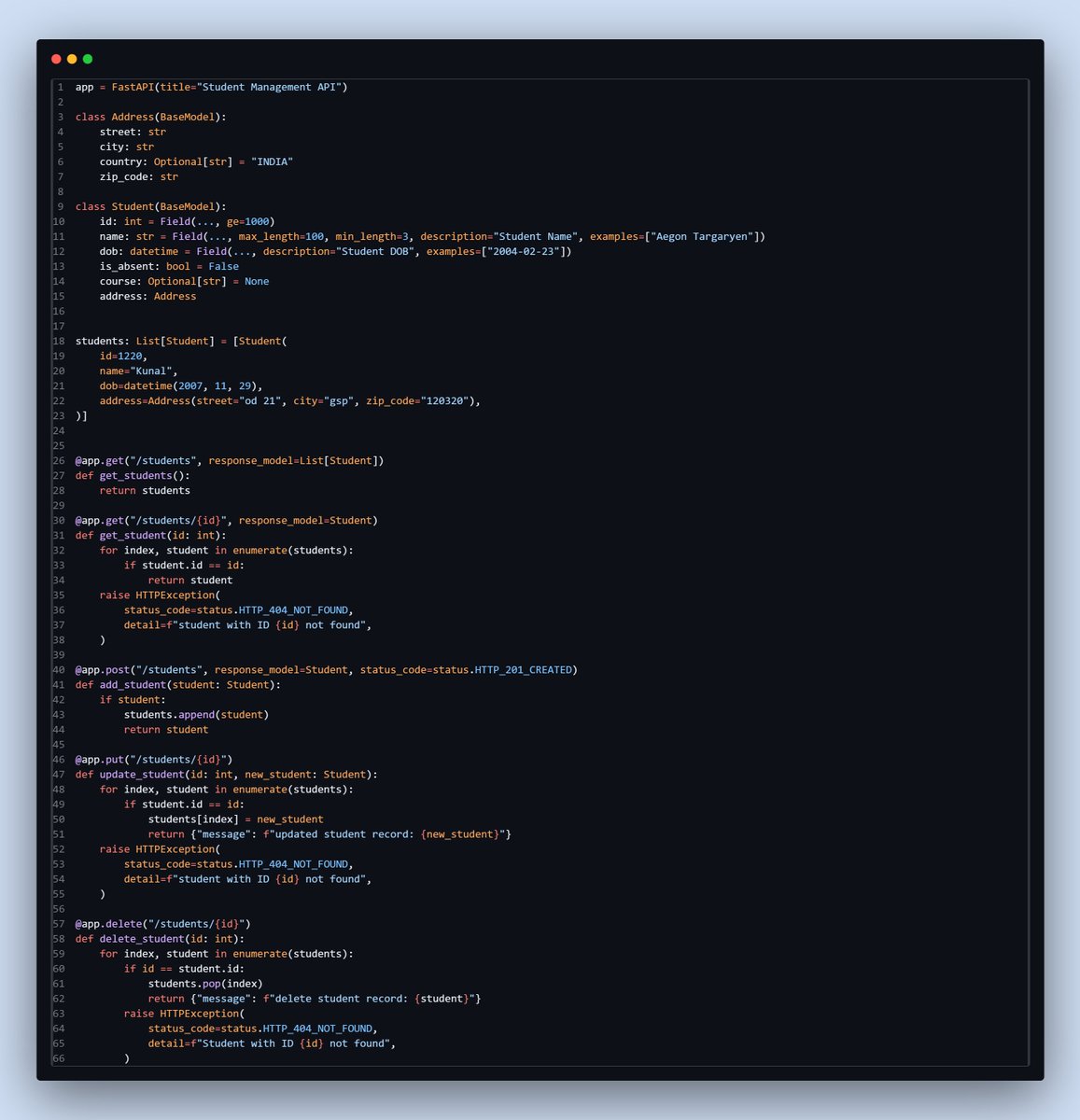 Kunal_Sambyal's tweet photo. Started learning FastAPI and built my first REST API.
Learned how to create CRUD endpoints, validate data with Pydantic, handle errors/status codes, and work with nested models.

#Python #FastAPI #Backend https://t.co/9wrqEVS3Wf