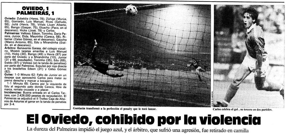 Basiliscus1926's tweet photo. Aquellos amistosos
Tal día como hoy de 1989 se presentaba el Real Oviedo de Irureta.
El rival el S E Palmeiras.
El partido, marcado por la dureza, termino empatado a 1 gol
Los brasileños acababan con 8 jugadores, uno de ellos expulsado tras agredir y lesionar...
¡al arbitro! https://t.co/WuVrqsejaz
