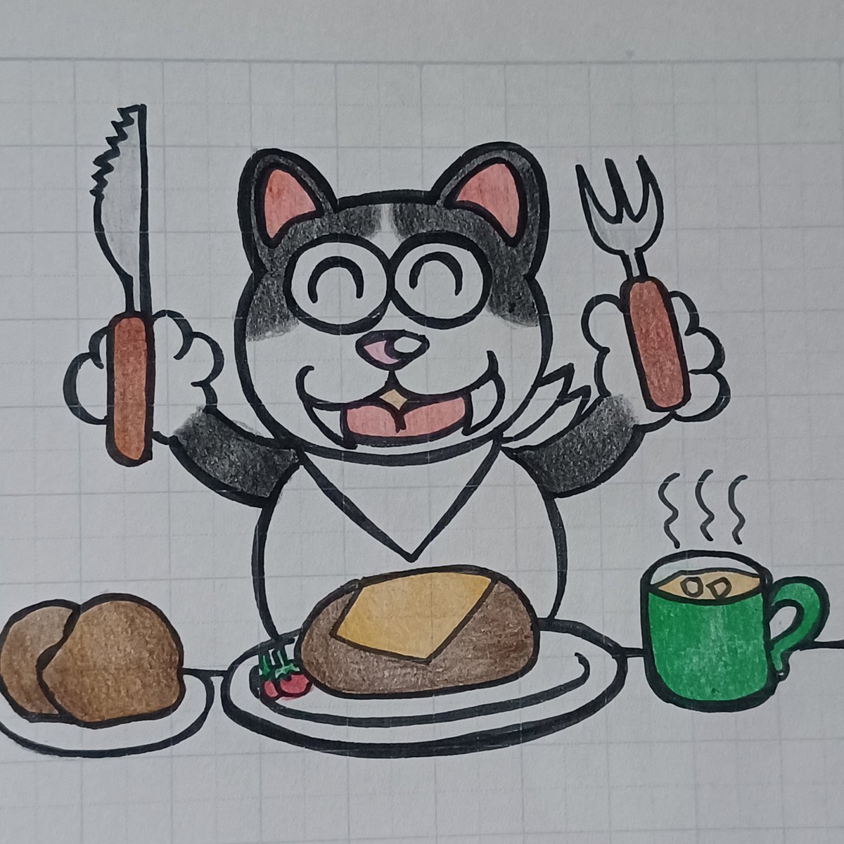 tonisuberi's tweet photo. 今日はチーズをのせて頂く猫さん　#イラスト　#色鉛筆　#ハンバーグの日　#パン https://t.co/K6nlBXG8UC