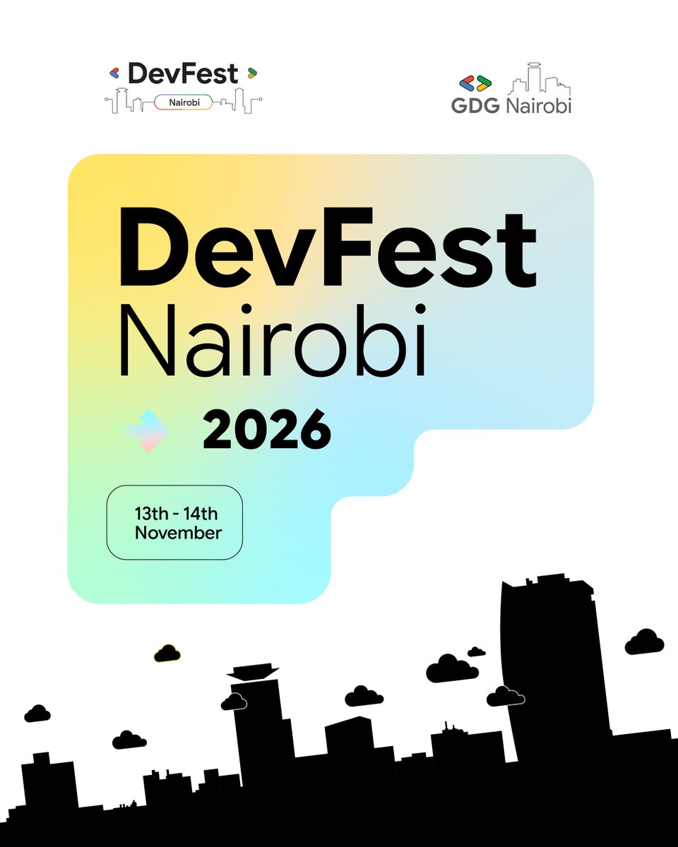 GDG_Nairobi's tweet photo. The wait is finally over 🥁🥳🎉

DevFest Nairobi 2026 is officially happening on 13th to 14th November! 📅

Get ready for two full days of technical sessions, hands-on workshops, keynotes, and networking. 🚀

Mark your calendars, tell a friend to tell a friend, and stay tuned. More details are dropping soon!

#DevFestNairobi #GDGNairobi #DevFest #GoogleDeveloperGroups #GoogleForDevelopers
