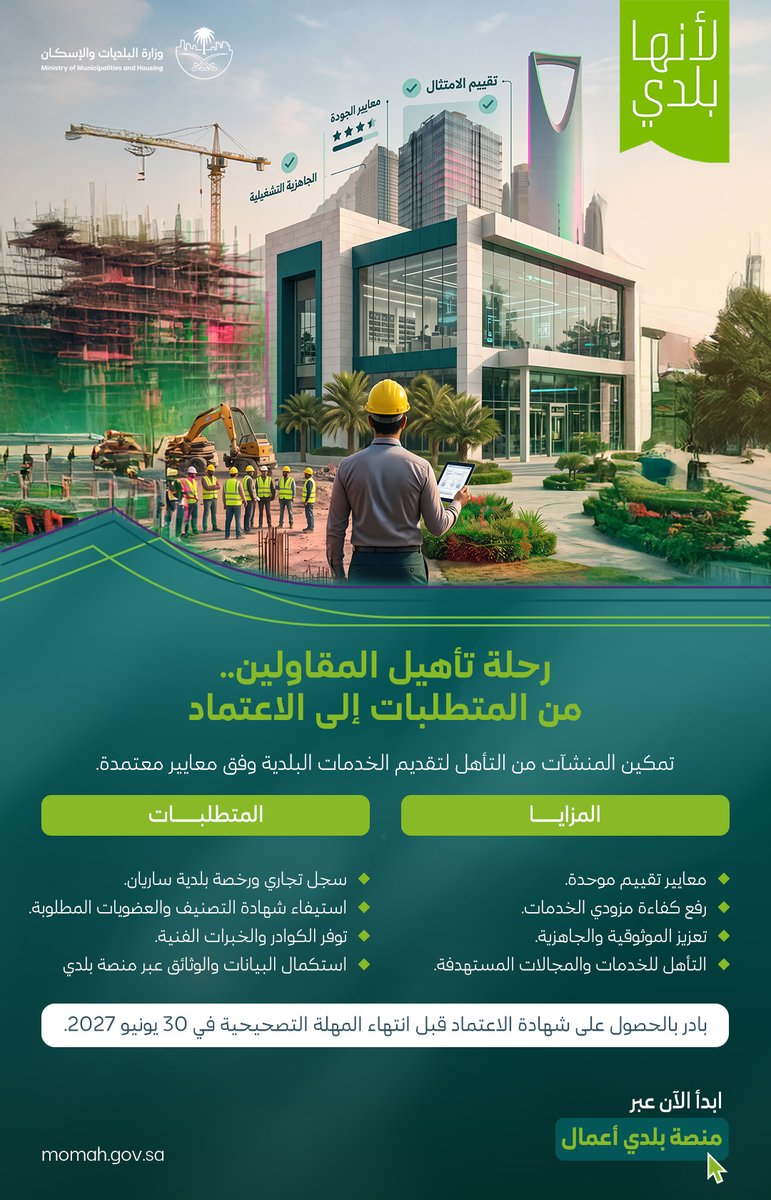 Momah_SA's tweet photo. ضمن جهودها لتعزيز جودة الأعمال وكفاءة تقديم الخدمات؛ أطلقت #وزارة_البلديات_والإسكان خدمة تأهيل مقاولي القطاع البلدي عبر منصة #بلدي_أعمال، لتمكين المنشآت من استكمال متطلبات الاعتماد وفق معايير موحّدة.

#لأنها_بلدي https://t.co/YqXfUCNYRK