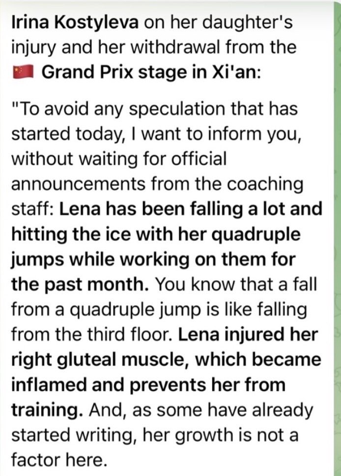 figureskatinghq's tweet photo. Irina and Yana provide information on what happened with Elena Kostyleva.

“Falling from a quadruple jump is like falling from the third floor” and “Inflammation of the gluteal muscle” because she chooses to not wear protective shorts… https://t.co/ww5OB6JsfF