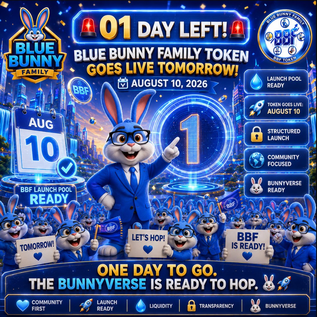 BlueBunnyFamily's tweet photo. TOMORROW, BUNNIES! 🐰💙

The countdown has officially reached 1 DAY! ⏰🚀

On August 10th, 2026, the Blue Bunny Family Token goes LIVE! The Launch Pool is ready, the Bunnyverse lights are on, and Blue Bunny is probably checking the clock every 30 seconds. 😂🐰

This is another important hop in the BBF journey—from launch infrastructure and transparent tokenomics to building a community-driven Bunnyverse.

No crystal ball. No magic carrots. 🥕😄 Just preparation, community, and excitement for launch day!

💙 1 Day
🚀 1 Launch
🐰 1 Big Bunny Hop
Are you ready for tomorrow?
#BlueBunnyFamily #BBF #BBFToken #Bunnyverse #Solana #Crypto #Web3 #TokenLaunch