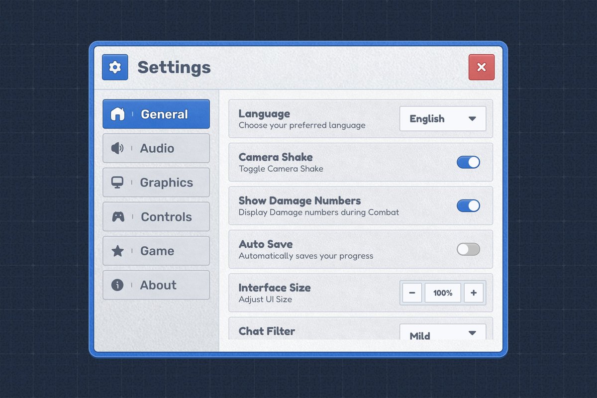 HeartifyUI's tweet photo. ✯ Settings Frame

Just Cooked up this Settings Frame! Rate it out of 10. (Cartoony Styled)

Are you looking for UI's like these? DM Me on Discord : HeartifyUI_

#ROBLOX #UIUX #Interface https://t.co/Fp8pXOIOZk