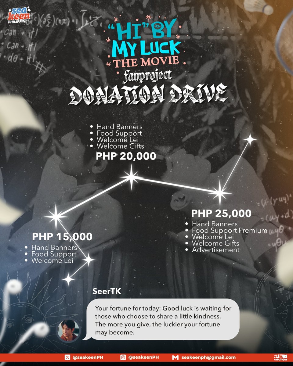 seakeenPH's tweet photo. 𝐃𝐎𝐍𝐀𝐓𝐈𝐎𝐍 𝐃𝐑𝐈𝐕𝐄 𝐅𝐎𝐑
'𝐇𝐢' 𝐁𝐲 𝐌𝐲 𝐋𝐮𝐜𝐤 𝐭𝐡𝐞 𝐌𝐨𝐯𝐢𝐞 𝐢𝐧 𝐏𝐇 ✩₊˚.⋆☾⋆⁺
#HiByMyLuckScreeningCEBU
#HiByMyLuckScreeningMNL

Every story has its lucky number, and every little contribution brings us one step closer to ours.

SeaKeen Philippines is officially opening our “𝐇𝐢” 𝐁𝐲 𝐌𝐲 𝐋𝐮𝐜𝐤: 𝐓𝐡𝐞 𝐌𝐨𝐯𝐢𝐞 𝐅𝐚𝐧 𝐏𝐫𝐨𝐣𝐞𝐜𝐭 𝐃𝐨𝐧𝐚𝐭𝐢𝐨𝐧 𝐃𝐫𝐢𝐯𝐞, created to support our upcoming fan projects for both the 𝐂𝐞𝐛𝐮 𝐚𝐧𝐝 𝐌𝐚𝐧𝐢𝐥𝐚 𝐦𝐨𝐯𝐢𝐞 𝐬𝐜𝐫𝐞𝐞𝐧𝐢𝐧𝐠𝐬. From welcoming Sea and Keen to creating special fan projects that celebrate their first visit to the Philippines, every contribution helps us turn these plans into something real and memorable.

And because every contribution deserves its own little fortune, we’ve prepared 𝐝𝐢𝐟𝐟𝐞𝐫𝐞𝐧𝐭 𝐜𝐚𝐫𝐝𝐬, 𝐫𝐞𝐰𝐚𝐫𝐝𝐬, 𝐚𝐧𝐝 𝐚 𝐬𝐩𝐞𝐜𝐢𝐚𝐥 𝐚𝐟𝐟𝐢𝐫𝐦𝐚𝐭𝐢𝐨𝐧 𝐟𝐫𝐨𝐦 𝐒𝐞𝐞𝐫𝐓𝐊 for our fellow SeaKeenjoys. The more your contribution unlocks, the more little pieces of luck you can take home!

Whether you’re giving a little or a lot, every contribution adds to our lucky equation. Together, let’s make these screenings more than just a movie day, let’s make them a memory worth keeping.

Donation Form
🔗 https://t.co/csNoNprFz5 

✨ You may claim your tokens at:
🍀 𝘛𝘢𝘭𝘢𝘺𝘒𝘰𝘰𝘯𝘨 𝘓𝘦𝘵'𝘴 𝘎𝘰 𝘔𝘢𝘭𝘭 𝘌𝘷𝘦𝘯𝘵: 𝘈𝘶𝘨𝘶𝘴𝘵 30 𝘢𝘵 𝘵𝘩𝘦 𝘈𝘺𝘢𝘭𝘢 𝘔𝘢𝘭𝘭𝘴 𝘛𝘩𝘦 30𝘵𝘩 🍀 "𝘏𝘪" 𝘣𝘺 𝘔𝘺 𝘓𝘶𝘤𝘬 𝘊𝘦𝘣𝘶 𝘚𝘤𝘳𝘦𝘦𝘯𝘪𝘯𝘨 𝘋𝘢𝘺: 𝘚𝘦𝘱𝘵𝘦𝘮𝘣𝘦𝘳 12 𝘢𝘵 𝘚𝘬𝘺𝘩𝘢𝘭𝘭 𝘚𝘦𝘢𝘴𝘪𝘥𝘦 𝘊𝘦𝘣𝘶 🍀 "𝘏𝘪" 𝘣𝘺 𝘔𝘺 𝘓𝘶𝘤𝘬 𝘔𝘢𝘯𝘪𝘭𝘢 𝘚𝘤𝘳𝘦𝘦𝘯𝘪𝘯𝘨 𝘋𝘢𝘺: 𝘚𝘦𝘱𝘵𝘦𝘮𝘣𝘦𝘳 23 𝘢𝘵 𝘵𝘩𝘦 𝘚𝘢𝘮𝘴𝘶𝘯𝘨 𝘏𝘢𝘭𝘭, 𝘚𝘔 𝘈𝘶𝘳𝘢 𝘗𝘳𝘦𝘮𝘪𝘦𝘳𝘦

May the numbers align, may good fortune find you, and may our lucky equation reach its perfect answer~

✦•┈๑⋅⋯ ⋯⋅๑┈•✦

♡ #sea_ta_lay | @sea_ta_lay
♡ #keenkeno | @keenkeno_sp
#seakeen #ซีคีน
#SEAKEENPH