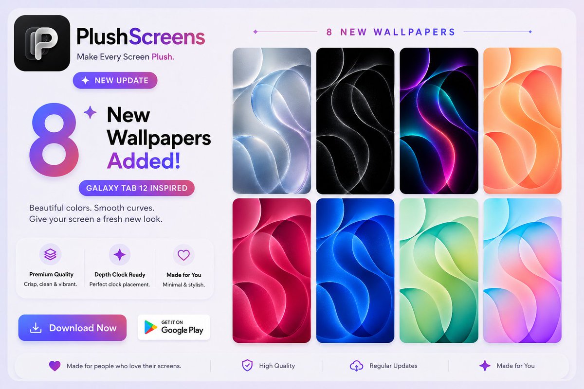 AndroidTools3's tweet photo. ✨ 8 New Wallpapers Are Here! 🌈

Inspired by the Galaxy Tab 12, this new collection brings smooth curves, vibrant colors, and a clean premium look to your screen.

Give your screen a fresh new look with PlushScreens.

📲 Download now:
https://t.co/gk9U8kINnV

#PlushScreens #Wallpapers #GalaxyTab #Android #Samsung #Customization #AMOLED #HomeScreen