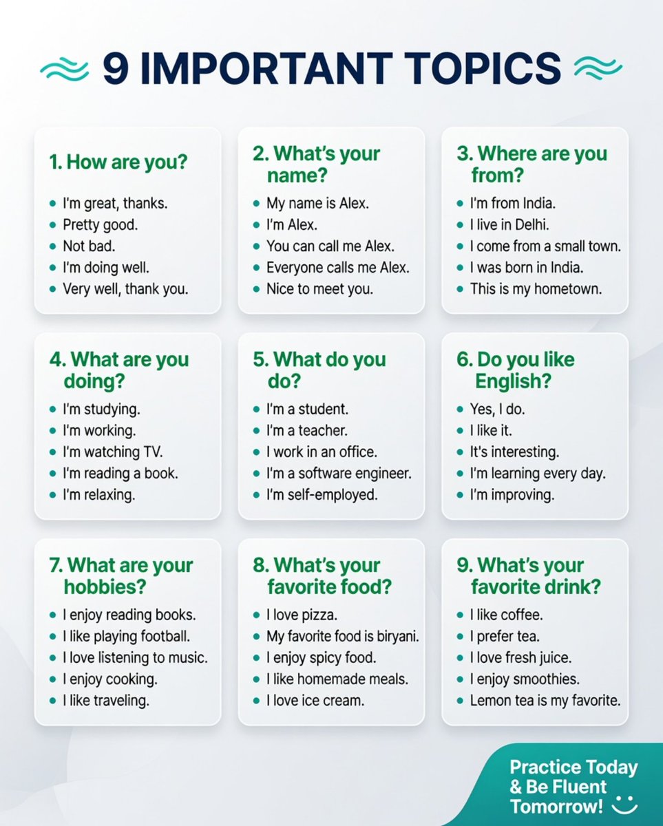 zApexEnglish's tweet photo. 🚀 Save this post &amp; speak English with confidence! 🇬🇧✨
These daily English speaking sentences will help you sound more natural in real conversations.
📝 Read them for just 5 minutes a day 🗣️ Speak them out loud 📌 Save for daily practice 📤 Share with someone learning English https://t.co/pYdVDVVjk4
